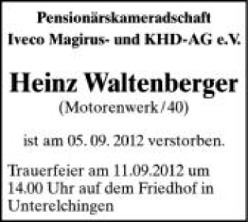 Anzeige von Heinz Waltenberger von Schwäbische Zeitung