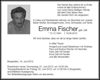 Anzeige von Emma Fischer von Schwäbische Zeitung
