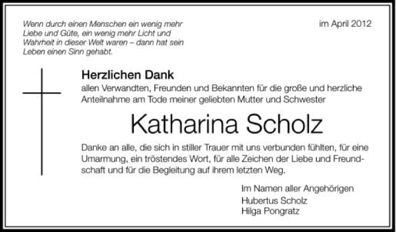  Traueranzeige für Katharina Scholz vom 26.04.2012 aus Schwäbische Zeitung