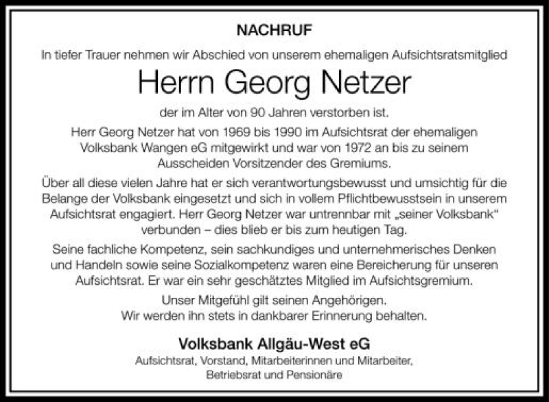  Traueranzeige für Georg Netzer vom 04.08.2012 aus Schwäbische Zeitung