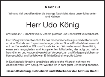 Anzeige von Udo König von Schwäbische Zeitung