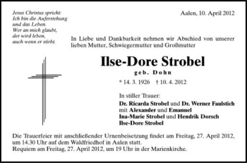 Anzeige von Ilse-Dore Strobel von Schwäbische Zeitung