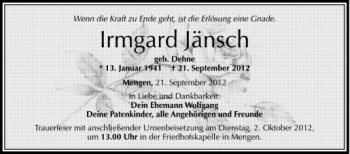 Anzeige von Irmgard Jänsch von Schwäbische Zeitung