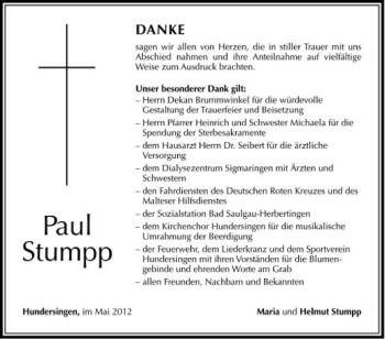 Anzeige von Paul Stumpp von Schwäbische Zeitung