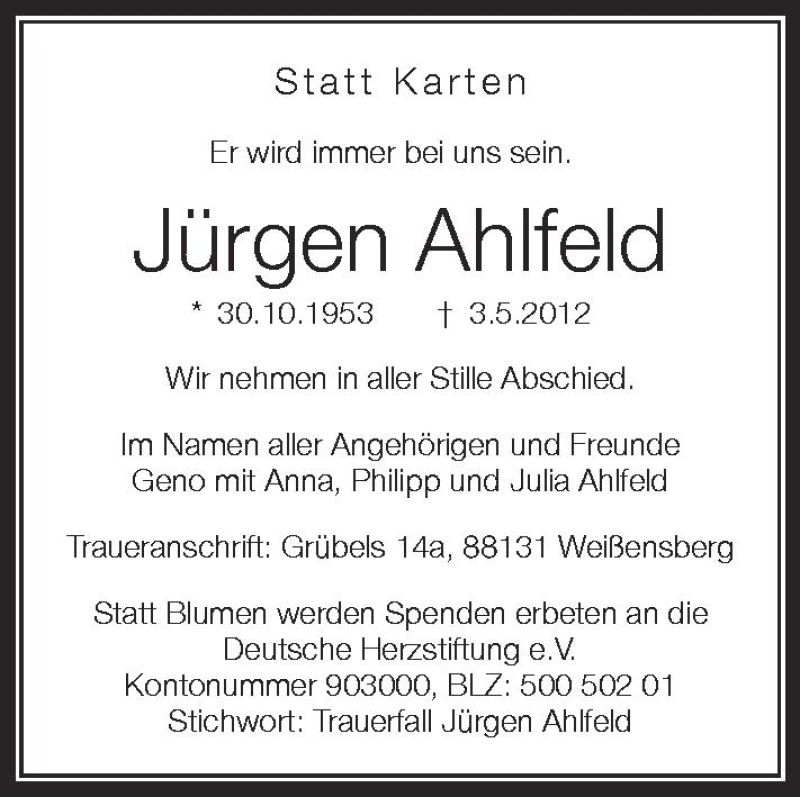  Traueranzeige für Jürgen Ahlfeld vom 12.05.2012 aus Schwäbische Zeitung