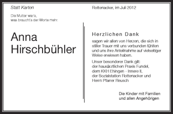 Anzeige von Anna Hirschbühler von Schwäbische Zeitung