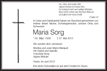 Anzeige von Maria Sorg von Schwäbische Zeitung