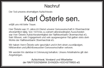 Anzeige von Karl Österle senior von Schwäbische Zeitung