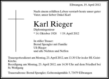 Anzeige von Karl Rieger von Schwäbische Zeitung