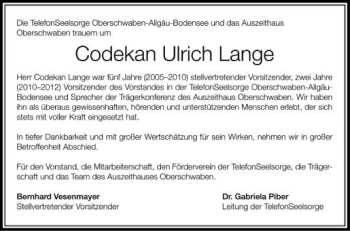 Anzeige von Codekan Ulrich Lange von Schwäbische Zeitung