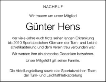 Anzeige von Günter Hens von Schwäbische Zeitung