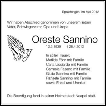 Anzeige von Oreste Sannino von Schwäbische Zeitung
