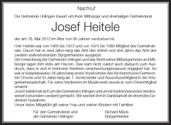 Anzeige von Josef Heitele von Schwäbische Zeitung