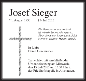 Anzeige von Josef Sieger von Schwäbische Zeitung