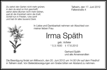 Anzeige von Irma Späth von Schwäbische Zeitung
