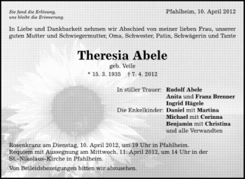 Anzeige von Theresia Abele von Schwäbische Zeitung