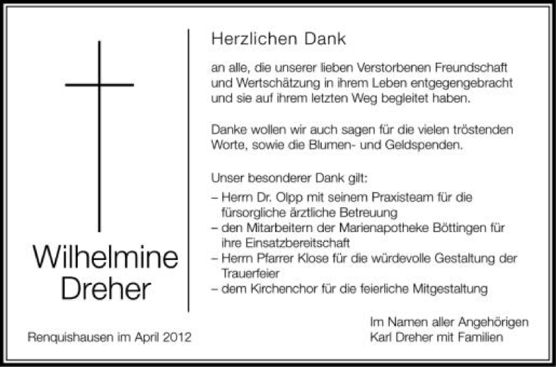  Traueranzeige für Wilhelmine Dreher vom 28.04.2012 aus Schwäbische Zeitung
