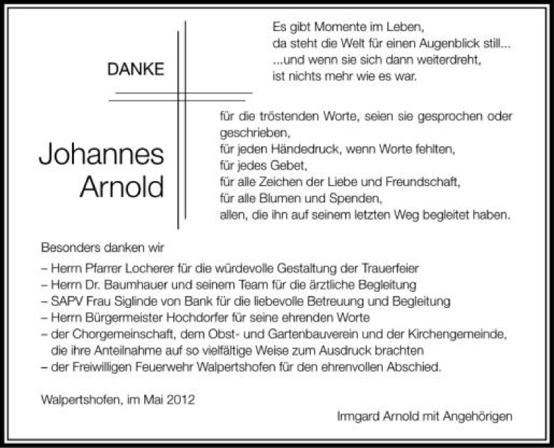  Traueranzeige für Johannes Arnold vom 09.05.2012 aus Schwäbische Zeitung