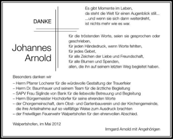 Anzeige von Johannes Arnold von Schwäbische Zeitung