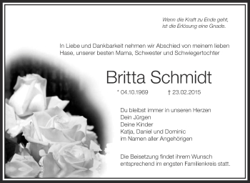 Anzeige von Britta Schmidt von Schwäbische Zeitung