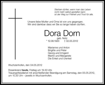 Anzeige von Dora Dorn von Schwäbische Zeitung