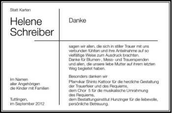 Anzeige von Helene Schreiber von Schwäbische Zeitung