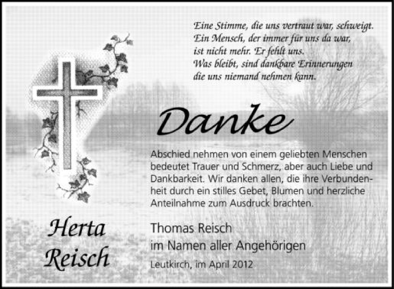  Traueranzeige für Herta Reisch vom 28.04.2012 aus Schwäbische Zeitung