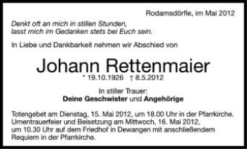 Anzeige von Johann Rettenmaier von Schwäbische Zeitung