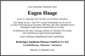 Anzeige von Eugen Haage von Schwäbische Zeitung