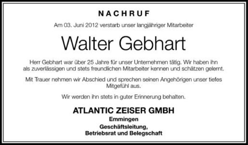  Traueranzeige für Walter Gebhart vom 09.06.2012 aus Schwäbische Zeitung
