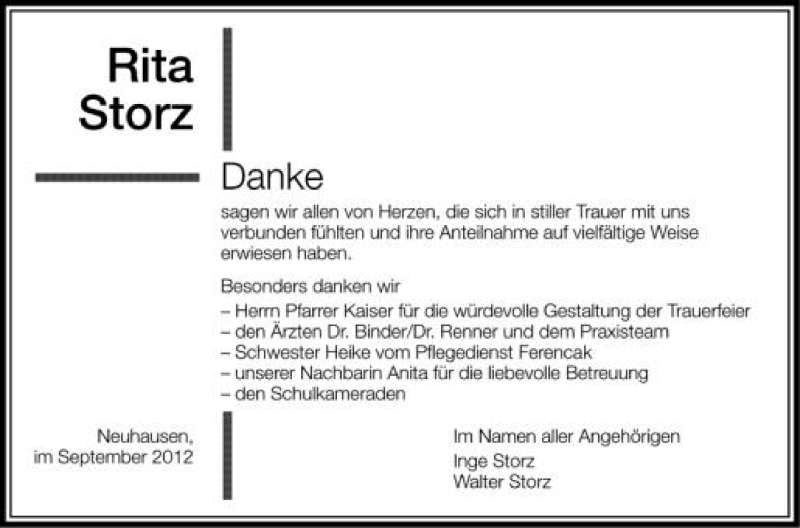  Traueranzeige für Rita Storz vom 29.09.2012 aus Schwäbische Zeitung