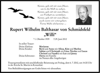 Anzeige von Rupert Wilhelm Balthasar von Schmidsfeld von Schwäbische Zeitung