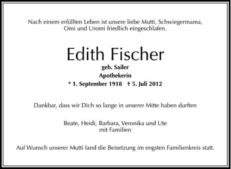  Traueranzeige für Edith Fischer vom 14.07.2012 aus Schwäbische Zeitung