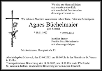 Anzeige von Agnes Büchelmaier von Schwäbische Zeitung