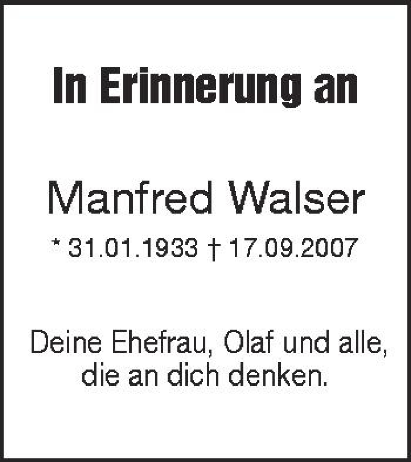  Traueranzeige für Manfred Walser vom 17.09.2012 aus Schwäbische Zeitung