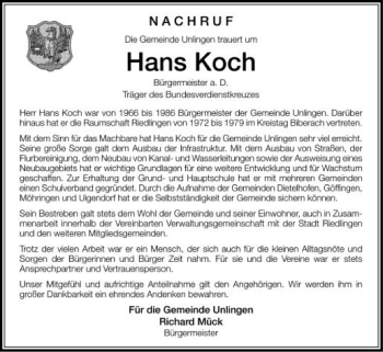 Anzeige von Hans Koch von Schwäbische Zeitung