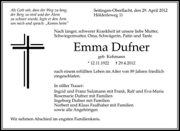 Anzeige von Emma Dufner von Schwäbische Zeitung