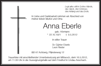 Anzeige von Anna Eberle von Schwäbische Zeitung