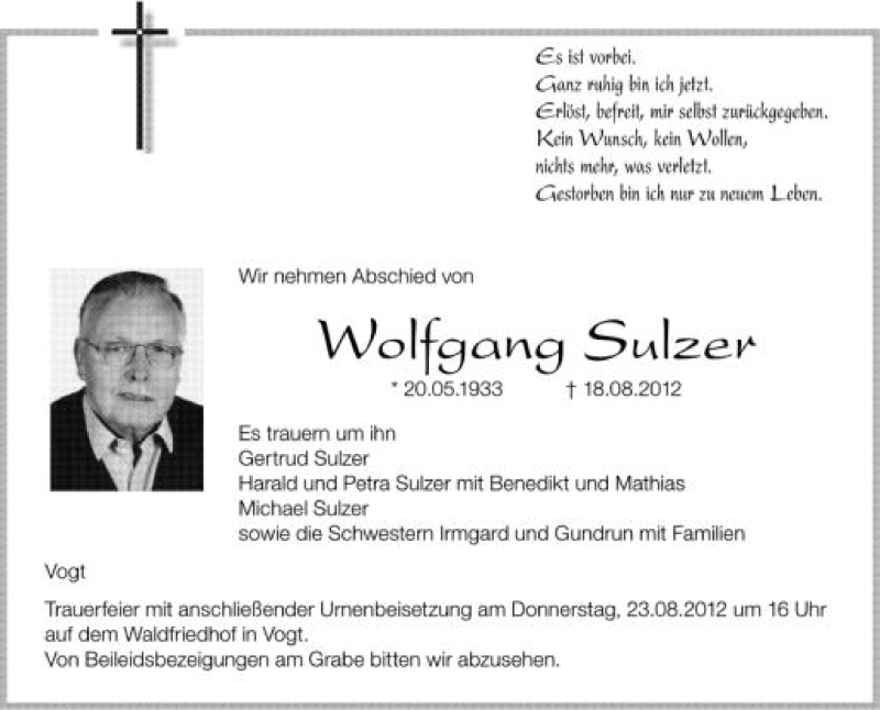  Traueranzeige für Wolfgang Sulzer vom 21.08.2012 aus Schwäbische Zeitung
