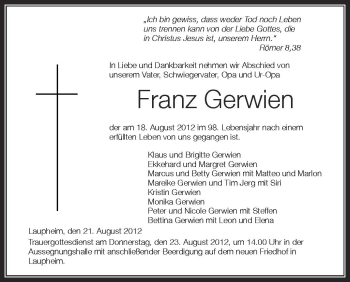Anzeige von Franz Gerwien von Schwäbische Zeitung