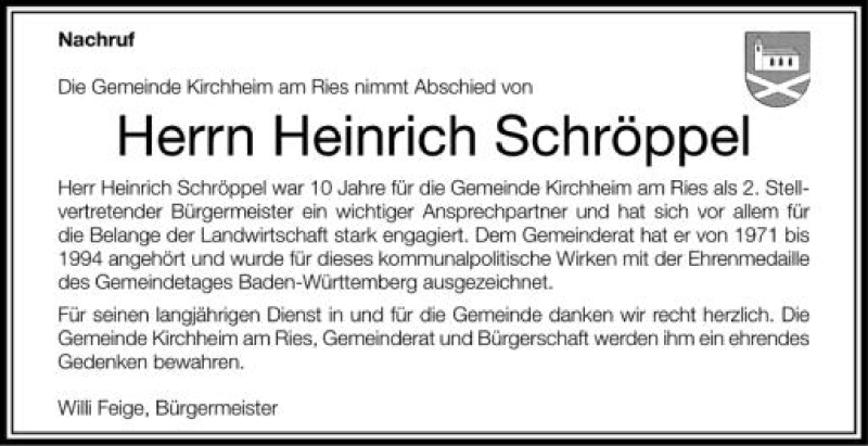  Traueranzeige für Heinrich Schröppel vom 16.05.2012 aus Schwäbische Zeitung