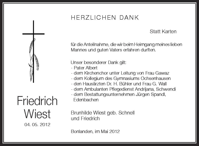  Traueranzeige für Friedrich Wiest vom 23.05.2012 aus Schwäbische Zeitung