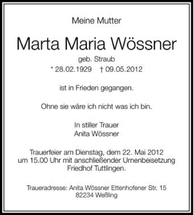  Traueranzeige für Marta Maria Wössner vom 18.05.2012 aus Schwäbische Zeitung