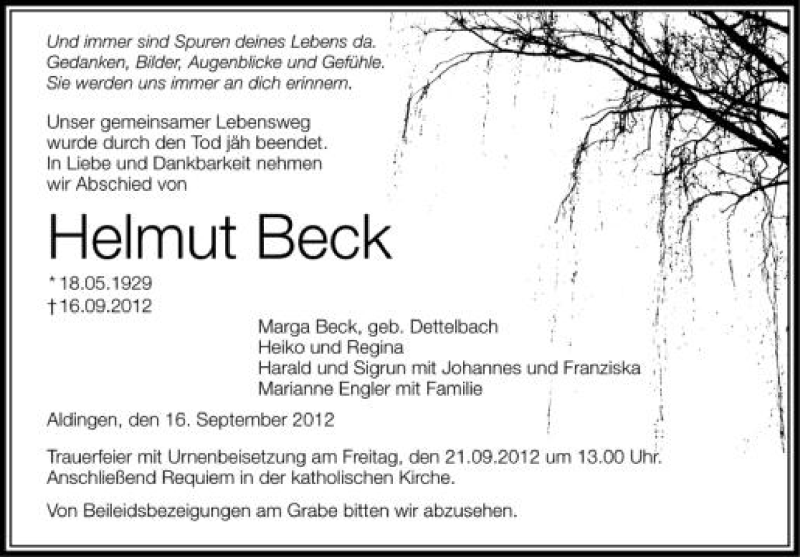  Traueranzeige für Helmut Beck vom 20.09.2012 aus Schwäbische Zeitung