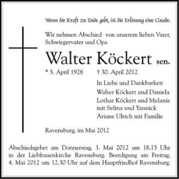 Anzeige von Walter Köckert senior von Schwäbische Zeitung