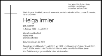 Anzeige von Helga Irmler von Schwäbische Zeitung