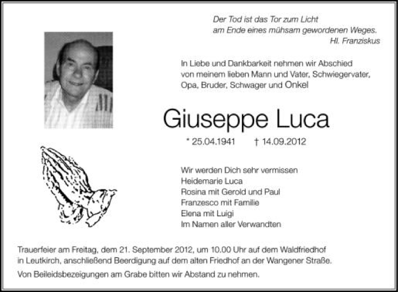  Traueranzeige für Giuseppe Luca vom 19.09.2012 aus Schwäbische Zeitung