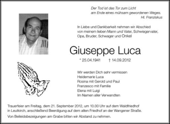 Anzeige von Giuseppe Luca von Schwäbische Zeitung