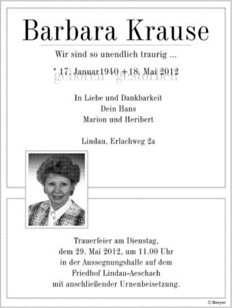  Traueranzeige für Barbara Krause vom 26.05.2012 aus Schwäbische Zeitung
