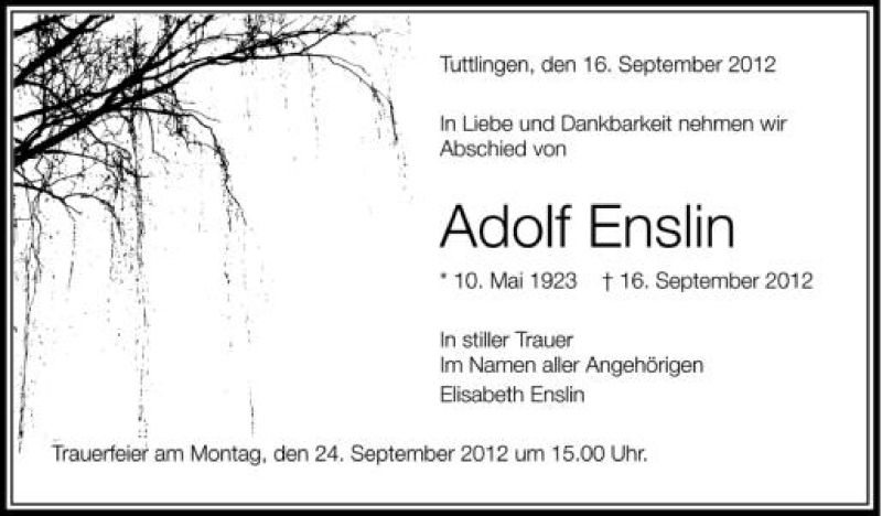  Traueranzeige für Adolf Enslin vom 20.09.2012 aus Schwäbische Zeitung